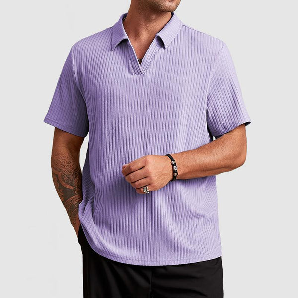 Men's Solid Striped Lapel Short Sleeve Polo Shirt 97308000Z