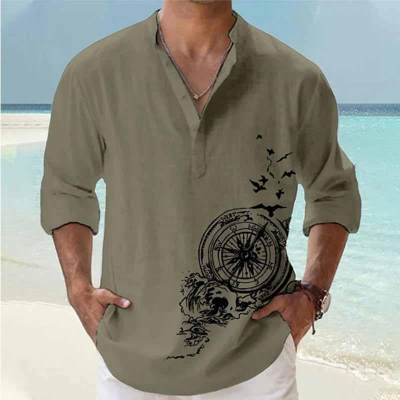 Men's Beach Vacation Print Long Sleeve Stand Collar Shirt 95192014X