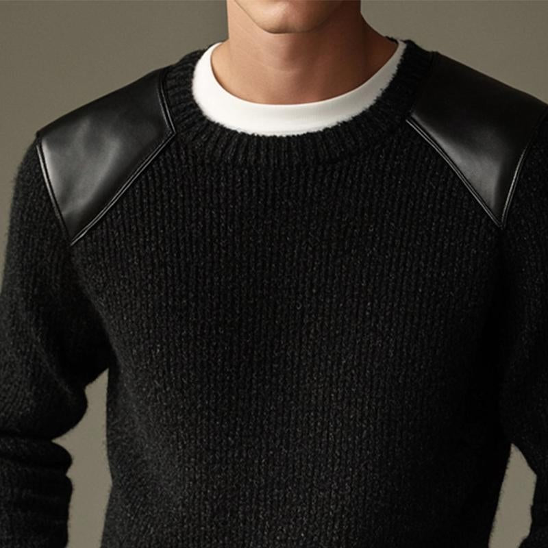 Men's Black Paneled Leather Knitted Sweater 56248329U