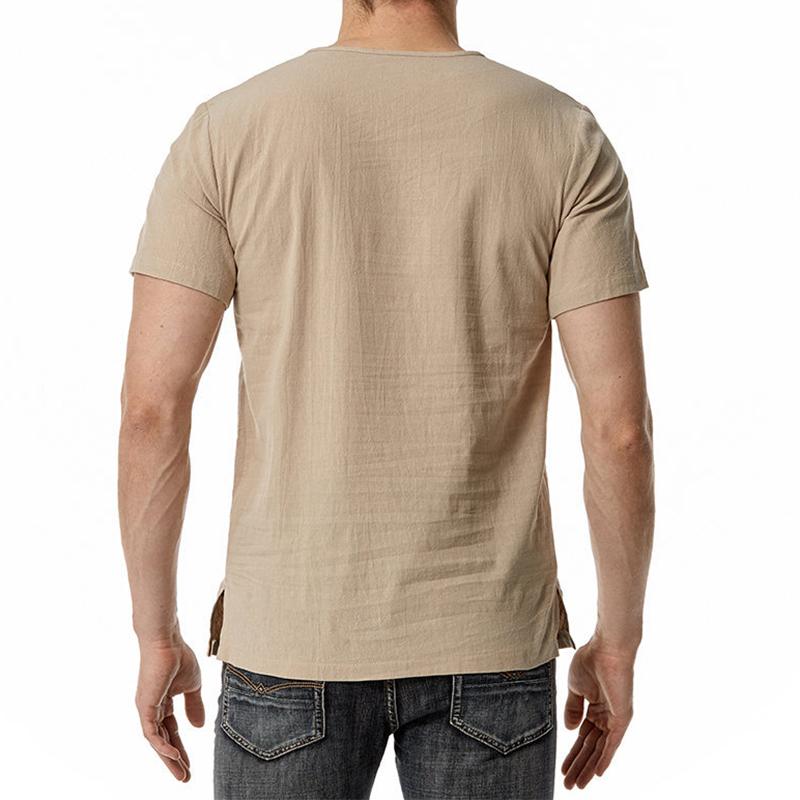 Men's Casual Solid Color V-Neck Linen Short Sleeve Shirt 00351042M