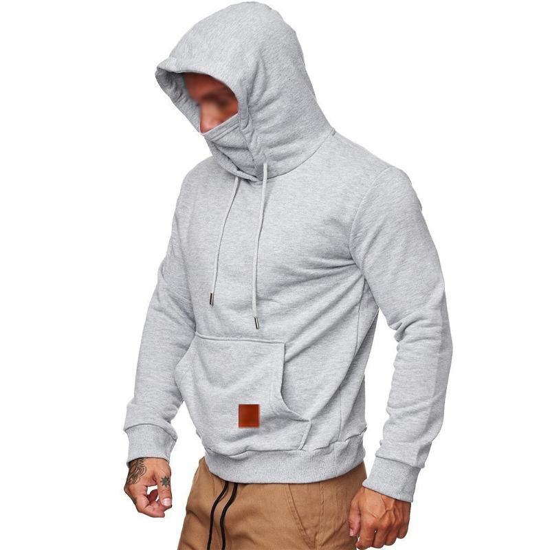 Men Casual Solid Color Panel Mask Long Sleeve Hooded Sweatshirt 69956106Y