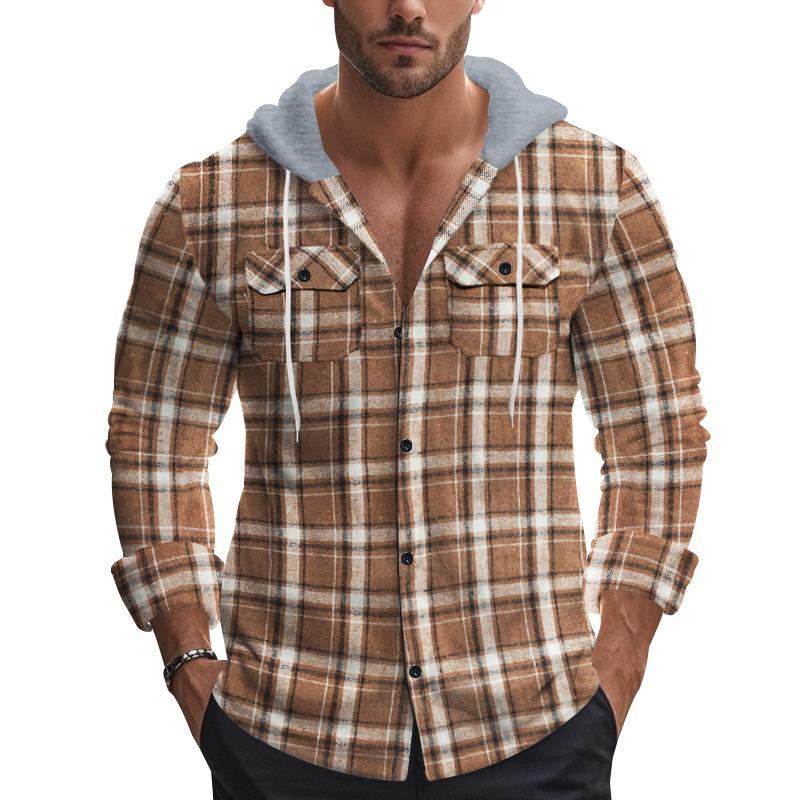 Men's Flannel Hooded Chest Pocket Long Sleeve Casual Shirt 66418582Z