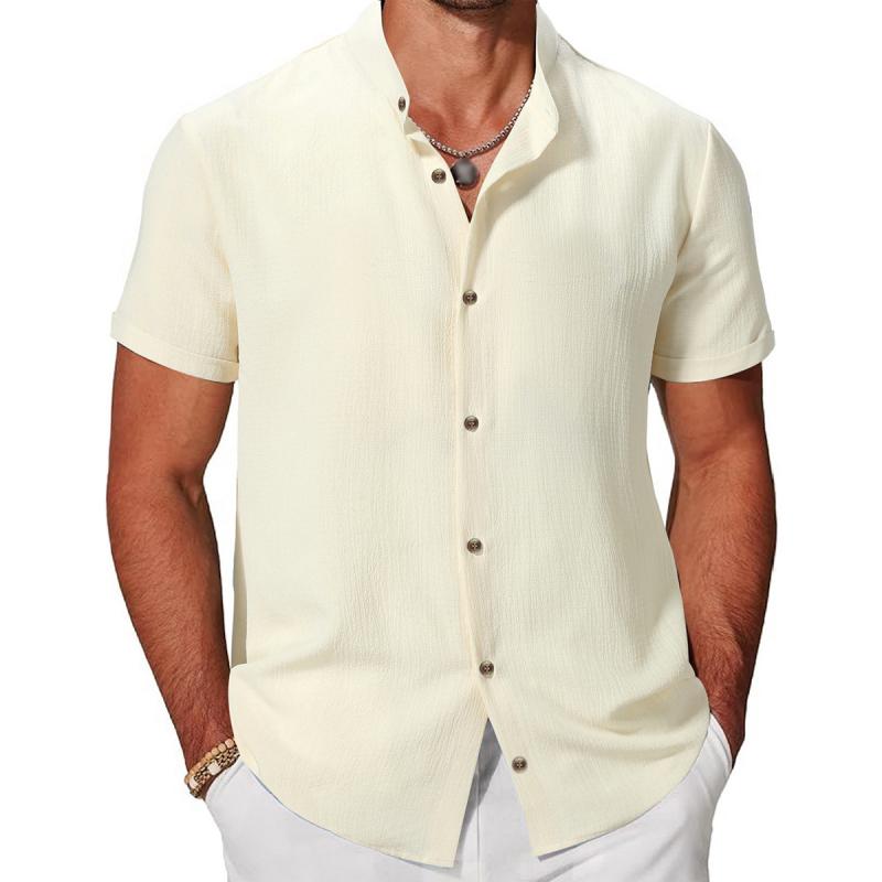 Men's Casual Cotton Linen Stand Collar Single Breasted Short Sleeve Shirt 19700465M