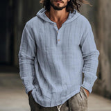 Men's Casual Cotton Linen Striped Loose Hooded Long Sleeve Shirt 46637481Y
