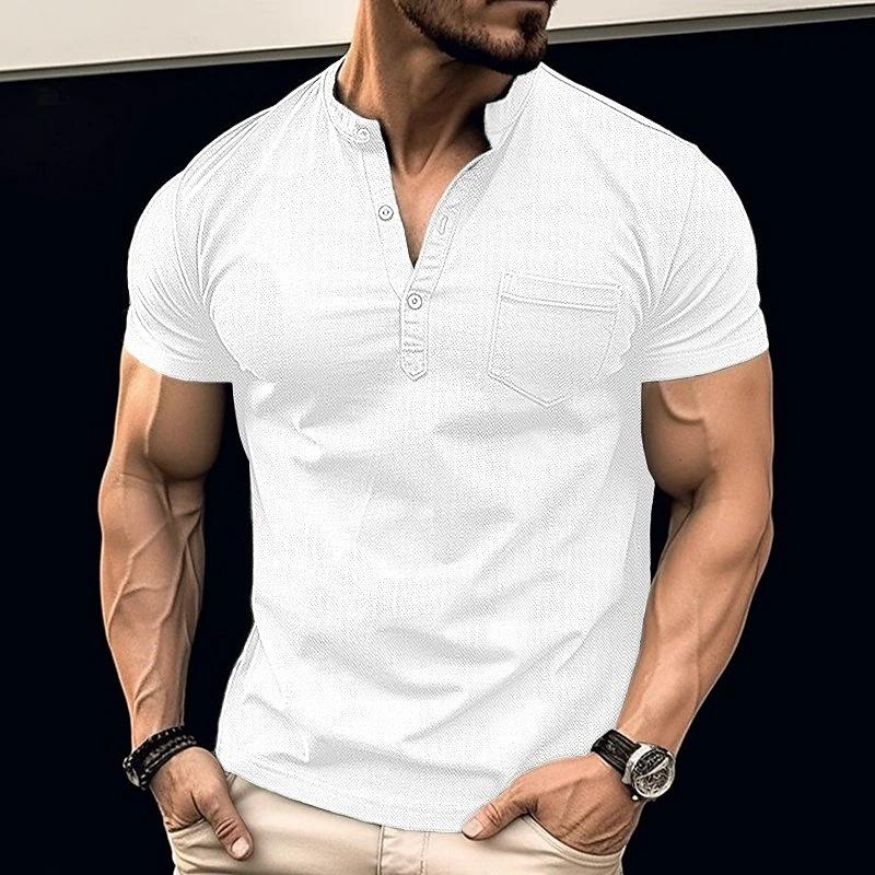 Men's Casual Solid Color Chest Pocket Stand Collar Short Sleeve Henley T-Shirt 14938790Y