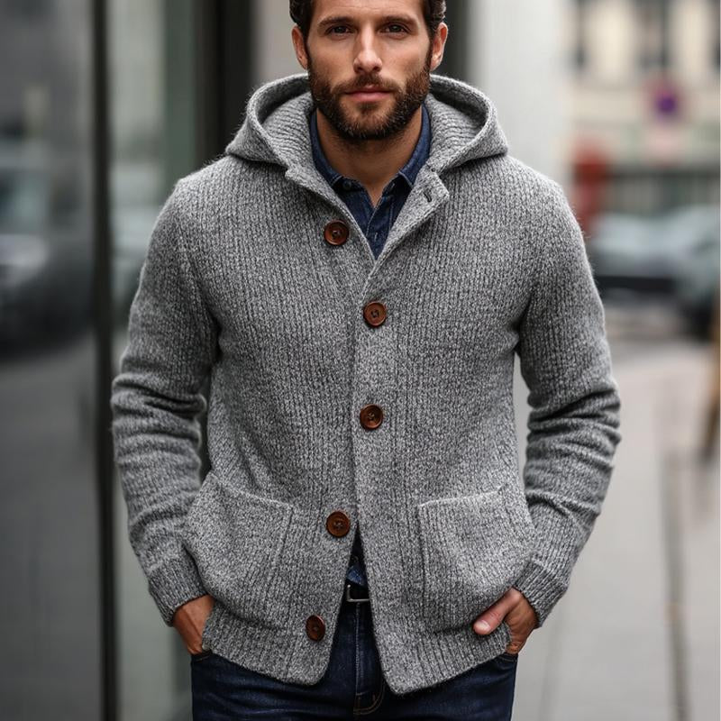 Men's Light Grey Hooded Warm Button Knit Cardigan 02412777U