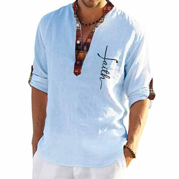 Men's Beach Vacation Color Block Print Stand Collar Long Sleeve Shirt 69983224X