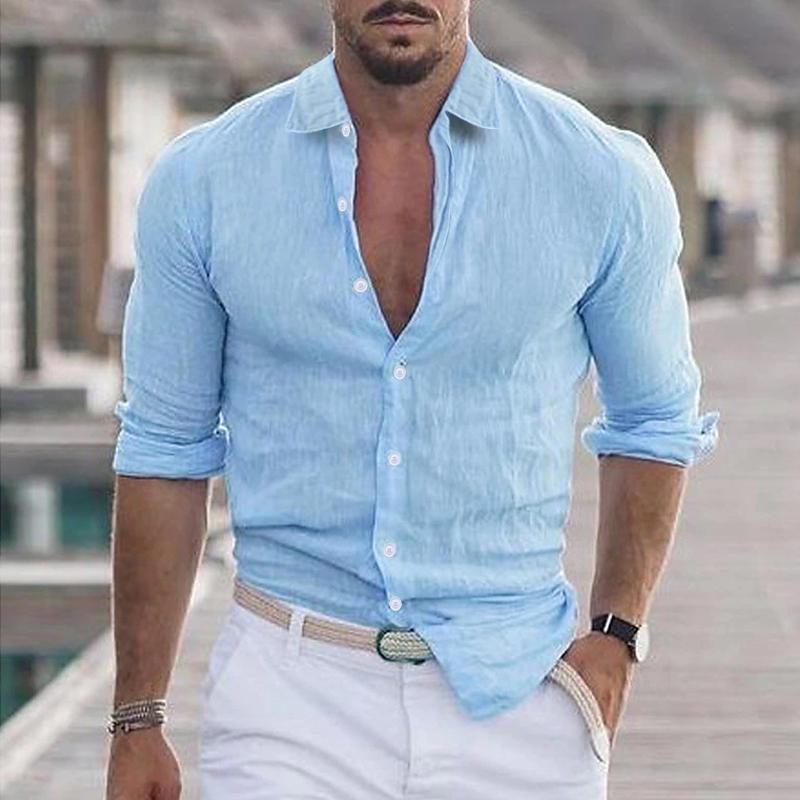 Chemise décontractée à manches longues et revers de couleur unie pour hommes 21280669Y