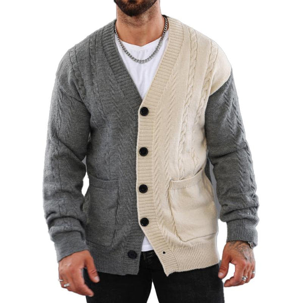 Men's Retro Colorblock V-Neck Cardigan Knitted Jacket 20100926X