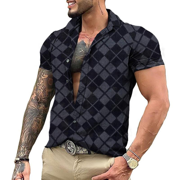 Men's Retro Diamond Lapel Short Sleeve Shirt 37335507TO