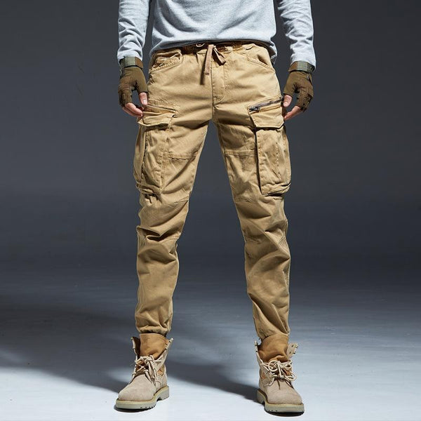 Men's Solid Multi-pocket Elastic Waist Cotton Cargo Pants 18058123Z