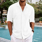 Men's Casual Cotton Linen Lapel Flap Pocket Slim Fit Long Sleeve Shirt 66252493M
