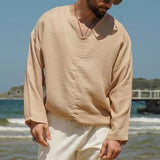 Men's Casual Solid Color Cotton And Linen V-Neck Long-Sleeved Shirt 19196786Y