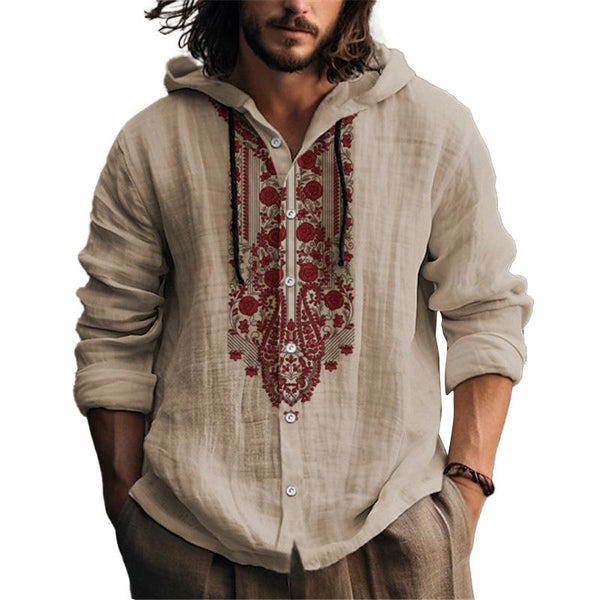 Men'S Casual Ethnic Print Patchwork Hooded Long-Sleeved Shirt 42657959Y