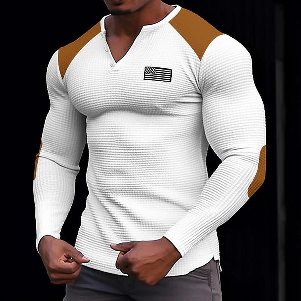 Men's Colorblock Waffle V-Neck Long Sleeve T-Shirt 55079396Y