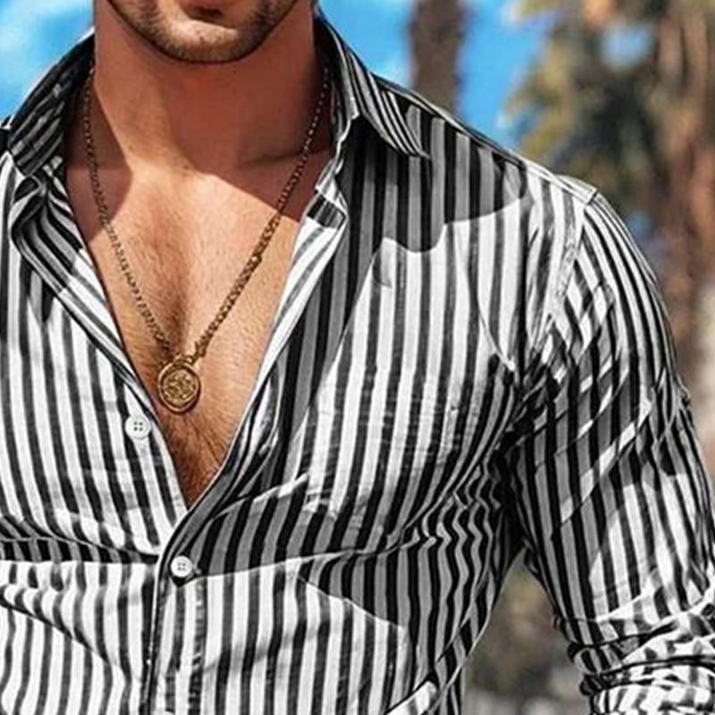 Men's Casual Striped Long Sleeve Lapel Shirt 91164771X