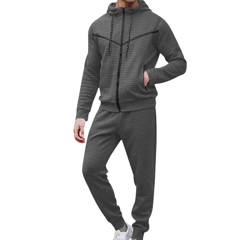 Men's Casual Solid Color Waffle Hooded Sweatshirt Jacket Set 56698295Y