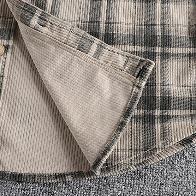 Men's Vintage Plaid Corduroy Lapel Slim Fit Long Sleeve Shirt 27053690M