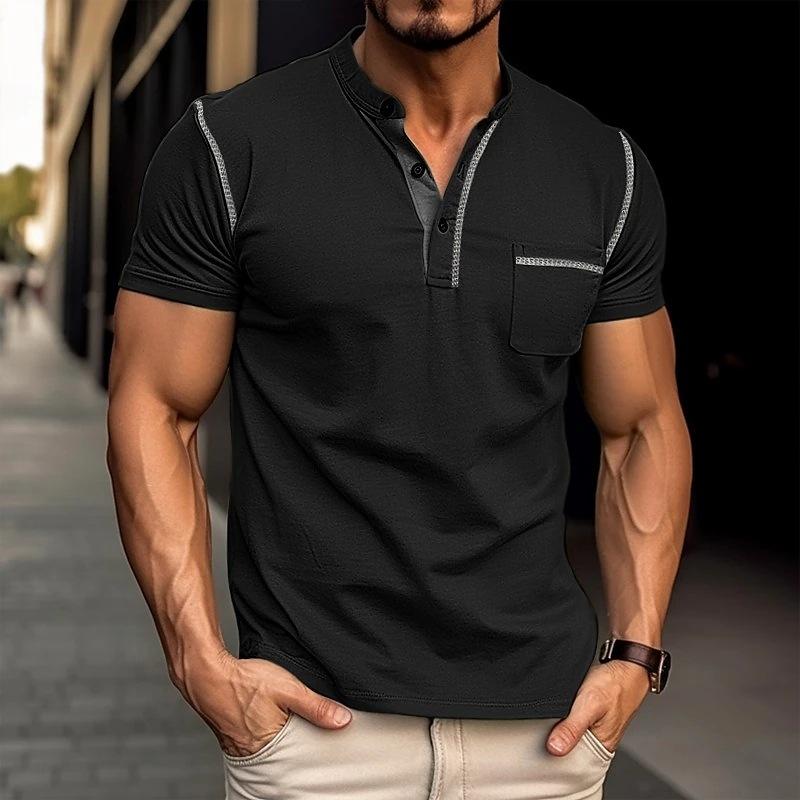 Lässiges Kurzarm-T-Shirt mit Henley-Kragen und Farbblock für Herren 53275107Y