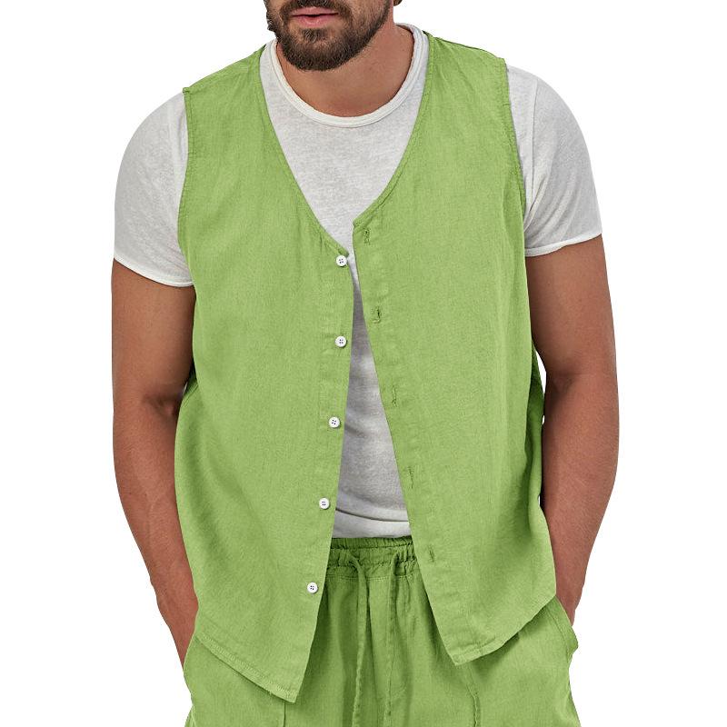 Men's Single Breasted Casual Solid Color Linen V-Neck Vest 69545873X