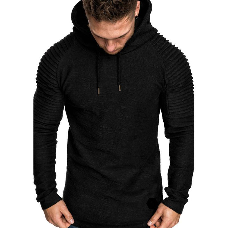 Men's Crew Neck Slim Fit Solid Color Striped Pleated Hoodie 07879431U