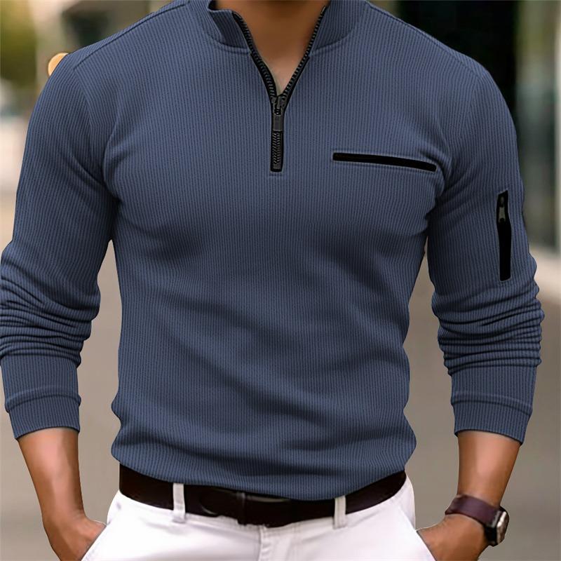 Men's Casual Striped Zipper Stand Collar Long Sleeve Polo Shirt 91939553Y