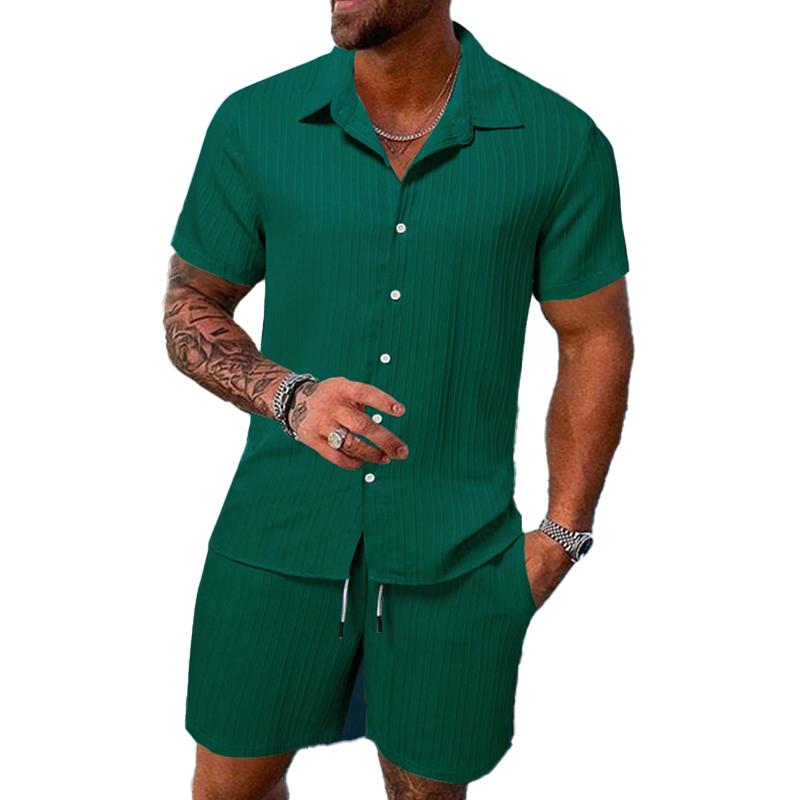 Men's Solid Color Striped Lapel Short Sleeve Shorts Casual Set  63428764X