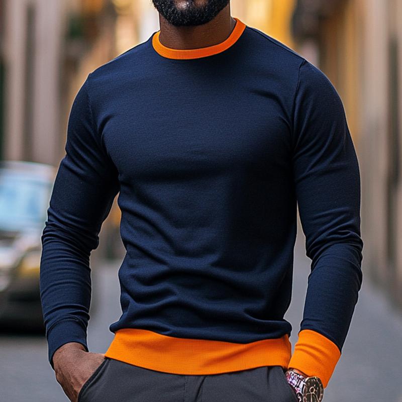 Men's Retro Casual Colorblock Round Neck Long Sleeve T-Shirt 59342858TO