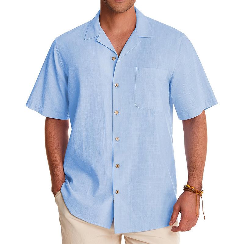 Camicia da uomo vintage tinta unita con taschino sul petto e risvolto, a maniche corte, 41503925Y