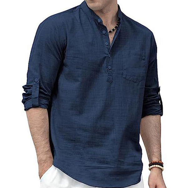 Men's Casual Stand Collar Cotton Linen Patch Pocket Long Sleeve Shirt 75433357M