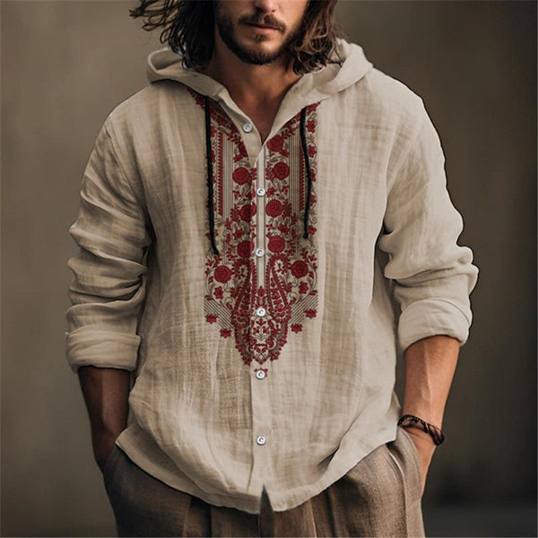 Men'S Casual Ethnic Print Patchwork Hooded Long-Sleeved Shirt 42657959Y