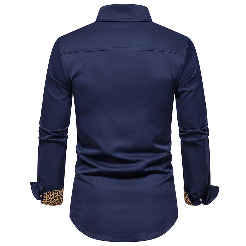 Men's Casual Leopard Print Panel Lapel Long-Sleeved Shirt 79112017Y