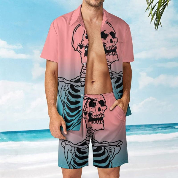 Men's Hawaiian Skull Print Short Sleeve Shirt Two-Piece Set 06795518X