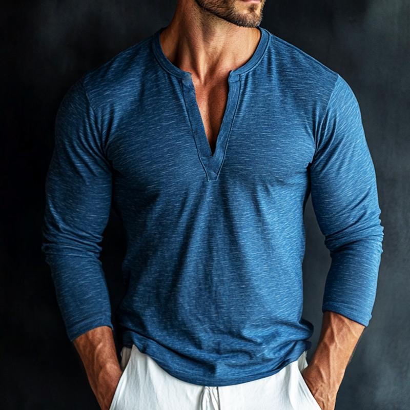 Men's Retro Casual V-Neck Long Sleeve T-Shirt 09633909TO