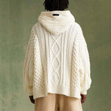 Men's Vintage Jacquard Loose Hooded Knitted Pullover Sweater 32473843M