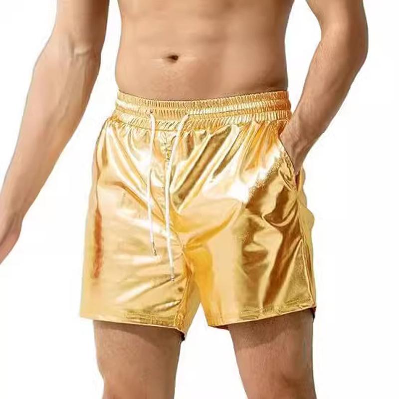 Men's Casual Solid Color Elastic Waist Shiny PU Shorts 98012478M