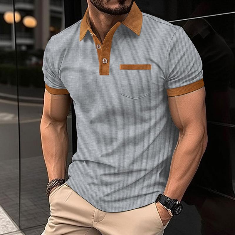 Men's Waffle Color Block Short Sleeve Button-Up T-Shirt 58684753X
