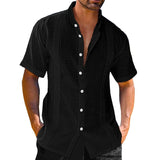Men's Casual Cotton Linen Blended Striped Stand Collar Short Sleeve Shirt 03919138M