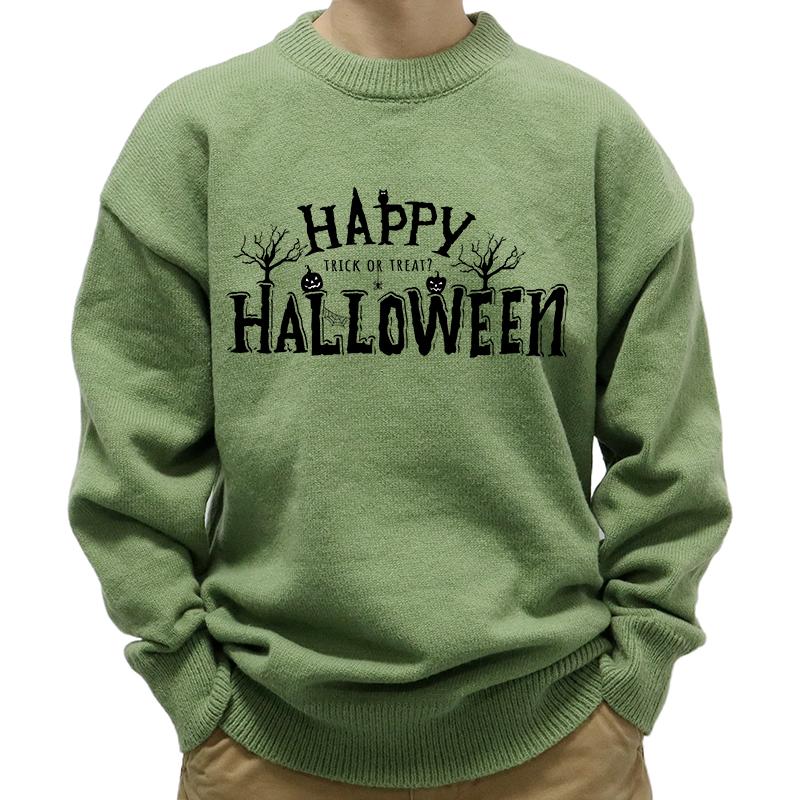 Men's Casual Round Neck Happy Halloween Print Long Sleeve Pullover Sweater 71047326M