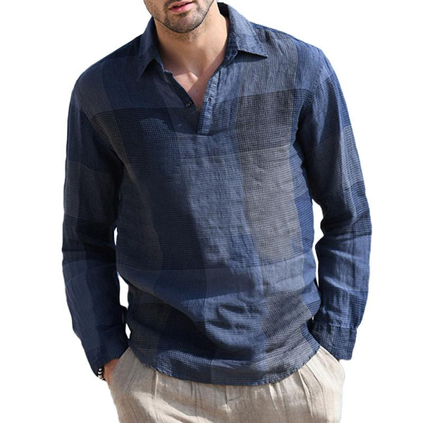 Men's Casual Cotton Linen Plaid Pullover Lapel Collar Loose Long Sleeve Shirt 75368572M