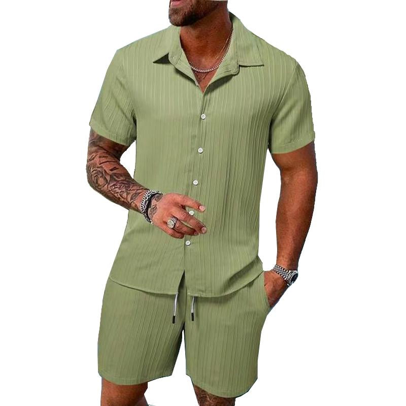 Men's Solid Color Striped Lapel Short Sleeve Shorts Casual Set  63428764X