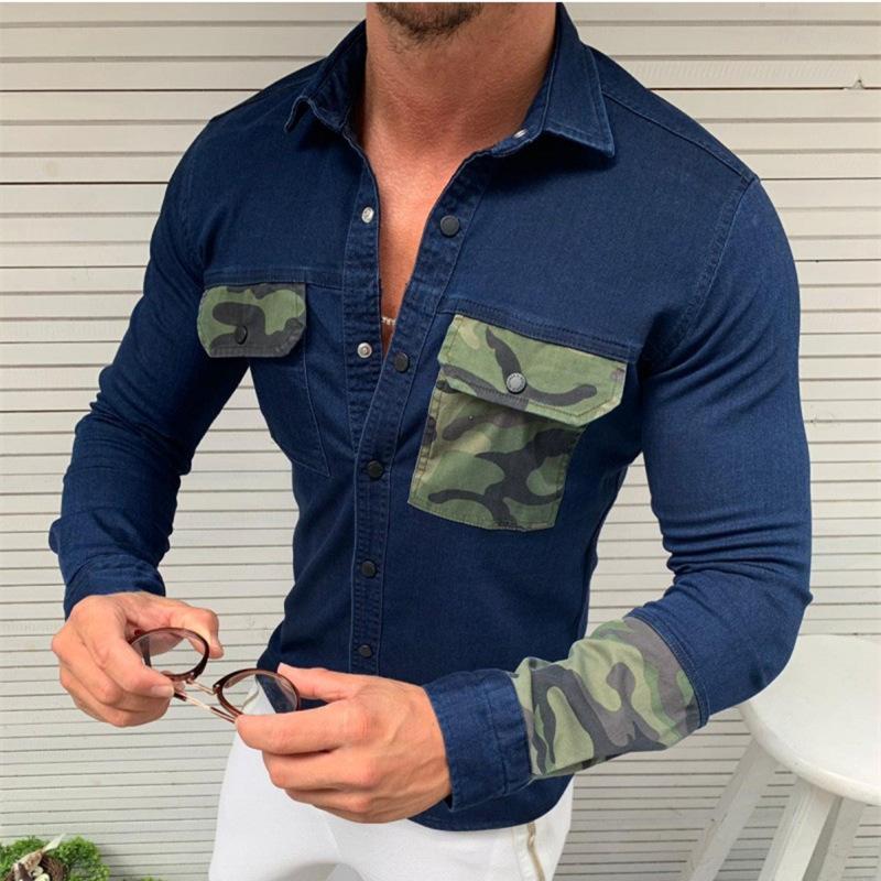 Men's Casual Slim Fit Camouflage Pocket Stitching Denim Shirt 95536667K