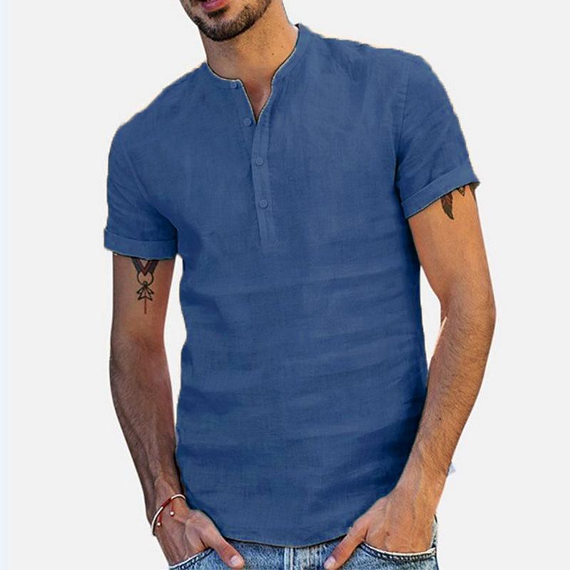 Men's Solid Color Cotton and Linen Short-sleeved Stand Collar Shirt 39749063X