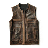 Men's Vintage Distressed Leather Round Collar Zipper Slim Vest 49741878M