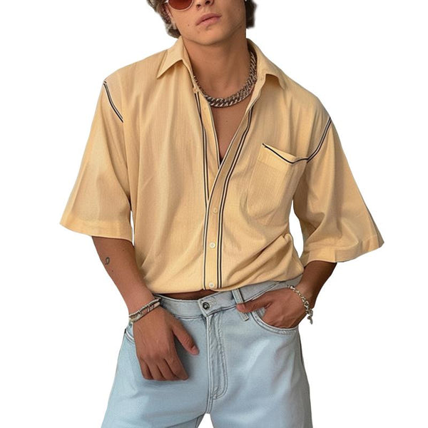 Men's Retro Casual Cotton and Linen Pocket Short Sleeve Shirt 26852275TO