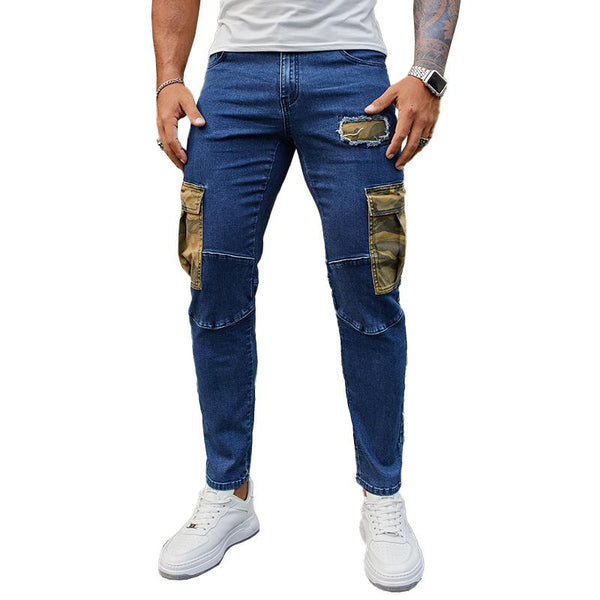 Men's Vintage Washed Distressed Camouflage Pocket Patchwork Jeans 35607005M