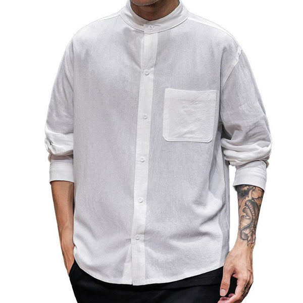 Men's Casual Solid Color Cotton Linen Stand Collar Loose Long Sleeve Shirt 31690452M