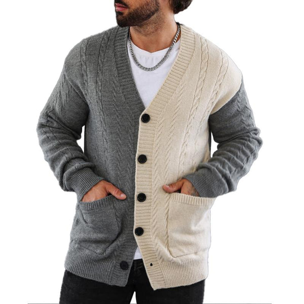 Men's Retro Colorblock V-Neck Cardigan Knitted Jacket 20100926X