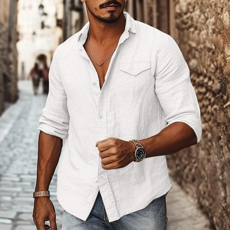 Men's Casual Solid Color Linen Blended Lapel Button-Down Long Sleeve Shirt 88075717M