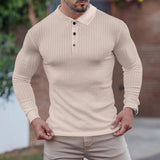 Men's Casual Solid Color Pitted Loose Lapel Long Sleeve Polo Shirt 89479959M